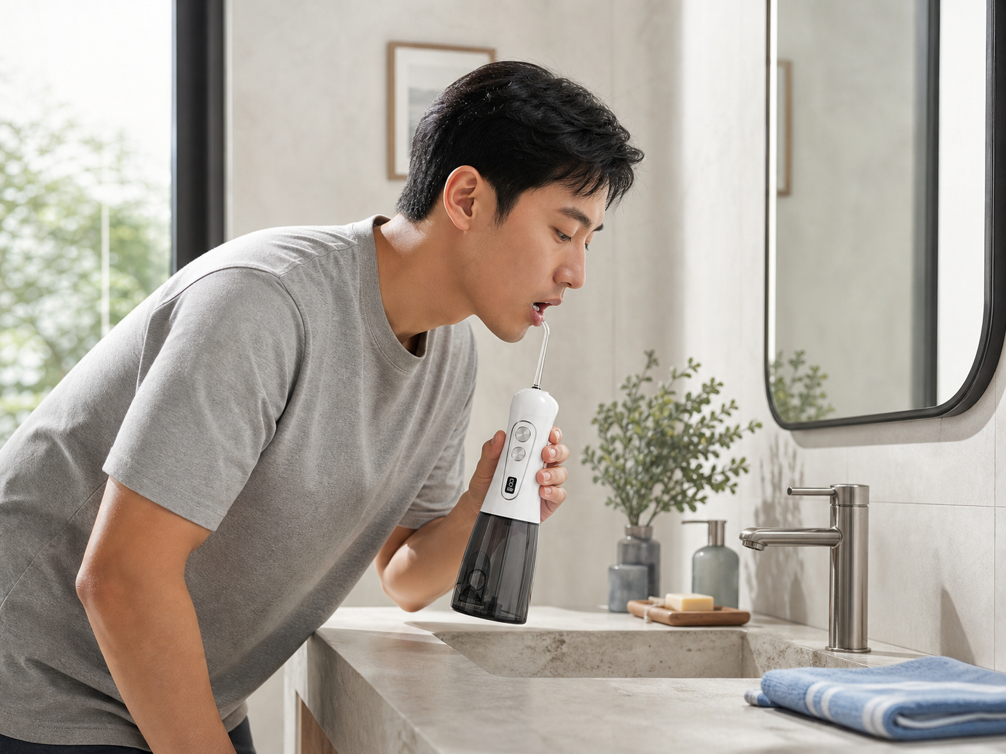 A calm four-step water-flossing routine.