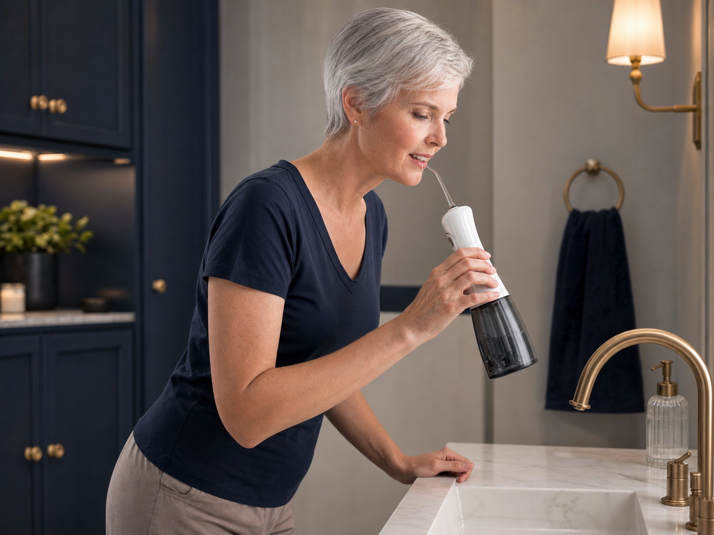 Using an ORAVLO water flosser over a bathroom sink